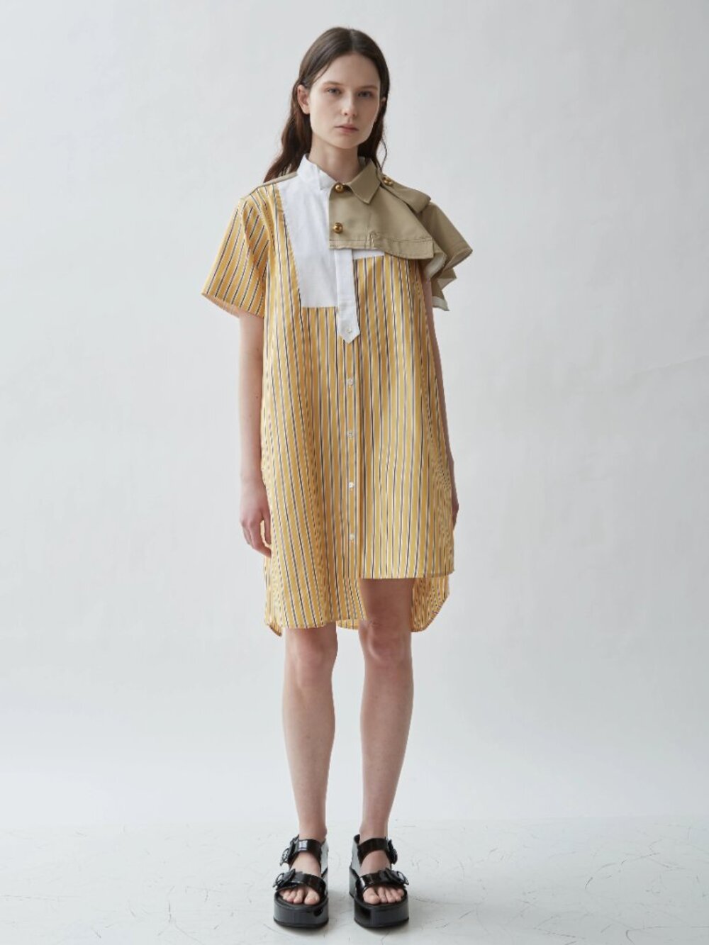 Sacai SS19 Poplin Stripe Shirting Dress JP Size 2 Yellow Khaki Military Hybrid